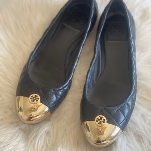 Tory Burch Gold Round Toe Quilted Black Leather